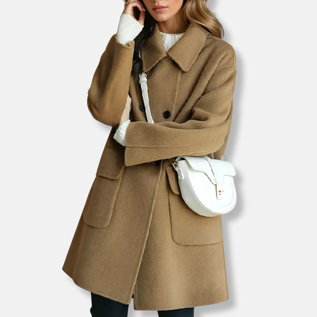Women's wool blend mid-thigh coat double-breasted notched lapels elegant straight fit professional style