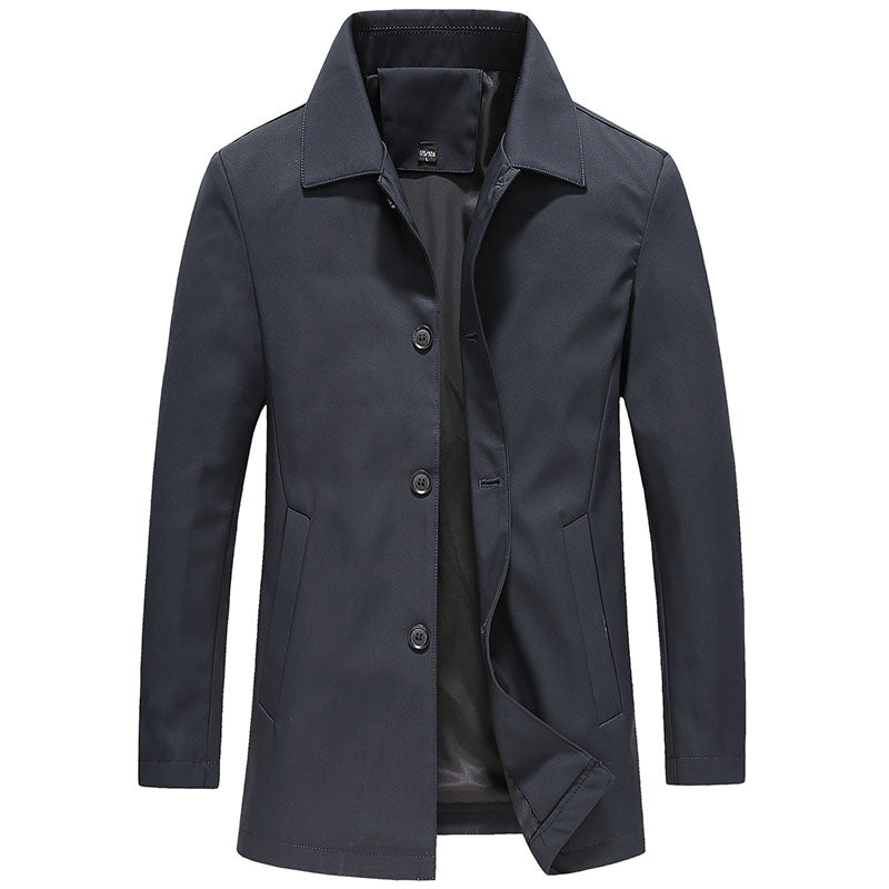 Men's navy slim fit long jacket with button closure and tailored contemporary silhouette