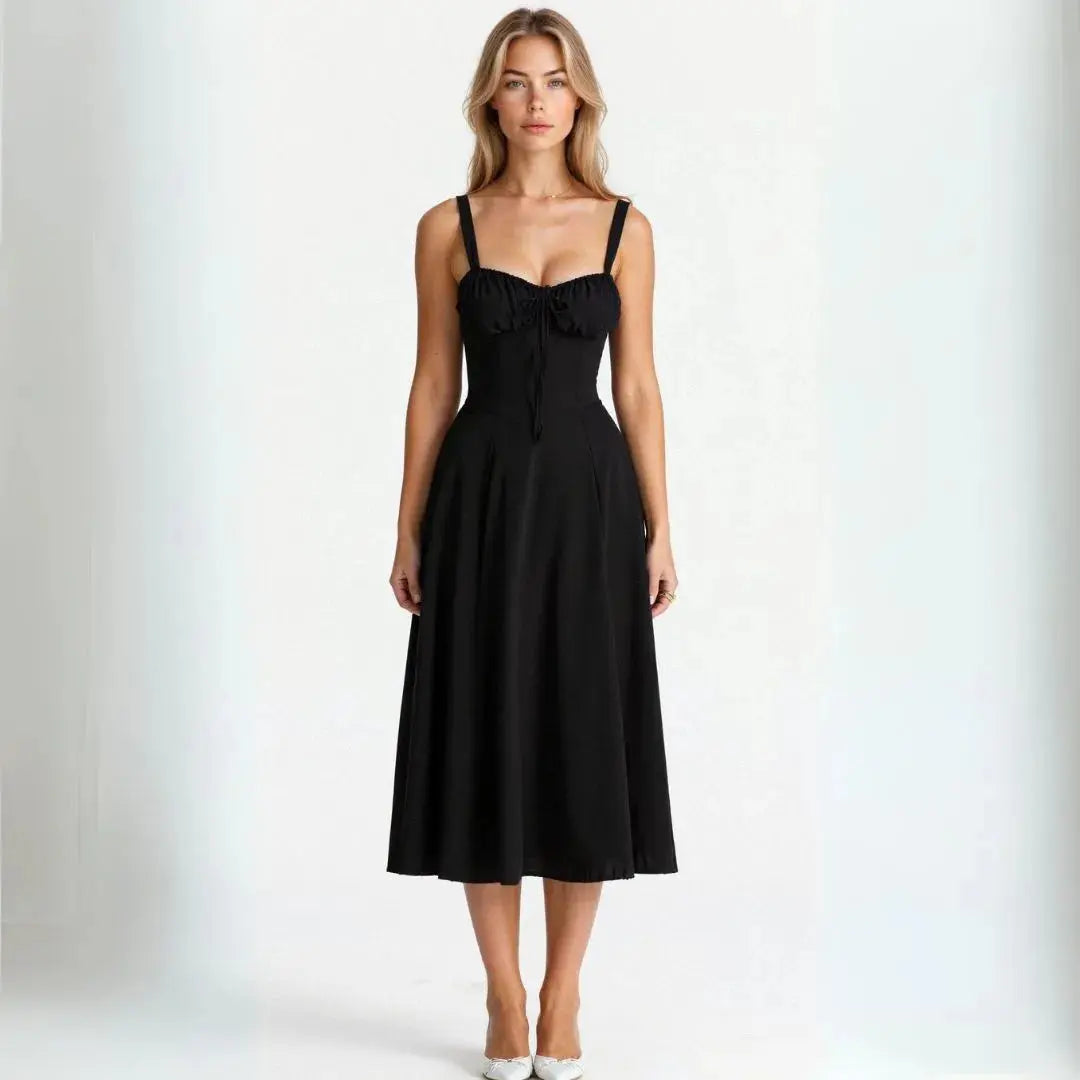 Women's vintage floral midi dress with structured bustier bodice, flattering feminine silhouette