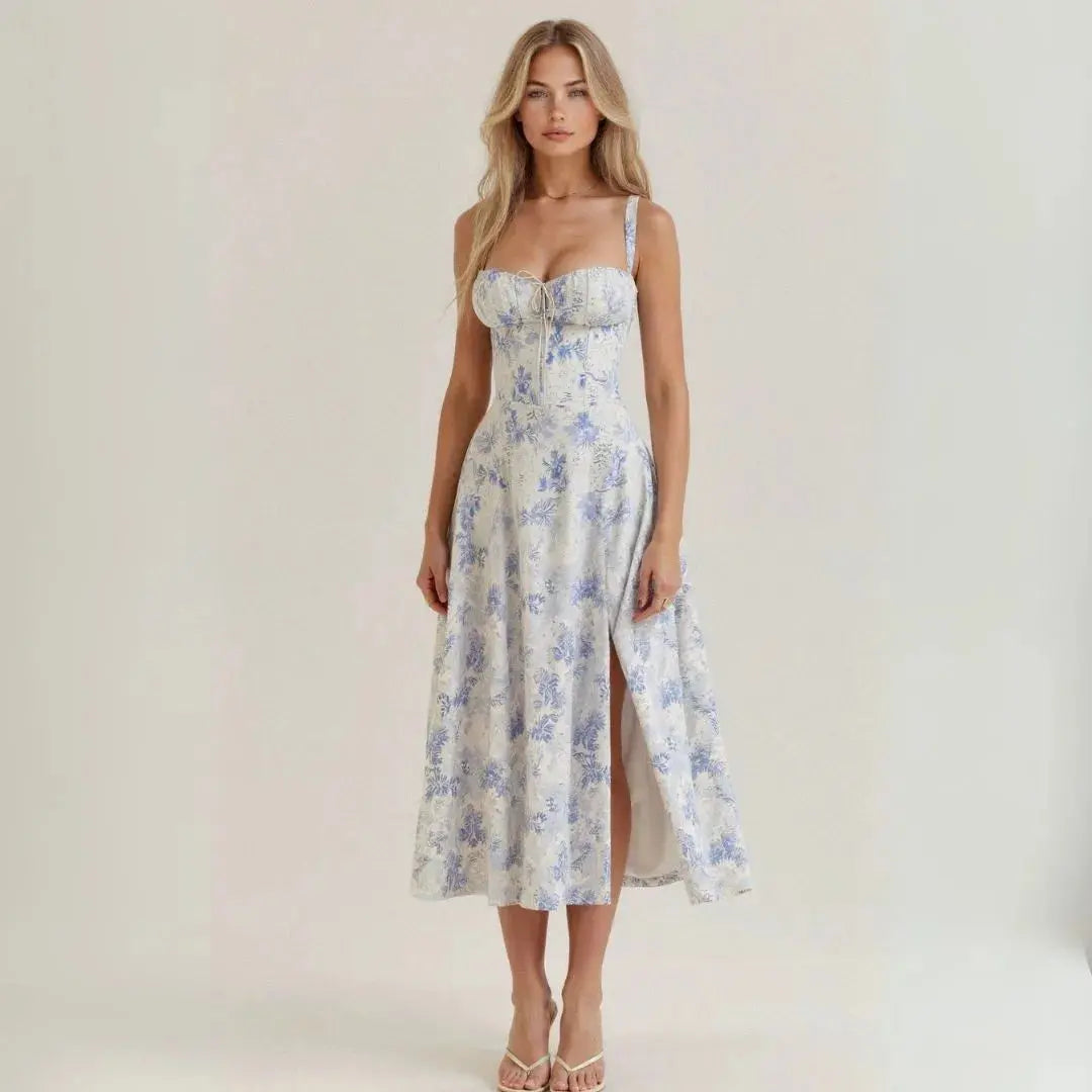 Women's vintage floral midi dress with structured bustier bodice, flattering feminine silhouette