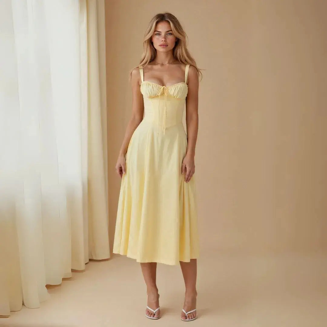 Women's vintage floral midi dress with structured bustier bodice, flattering feminine silhouette