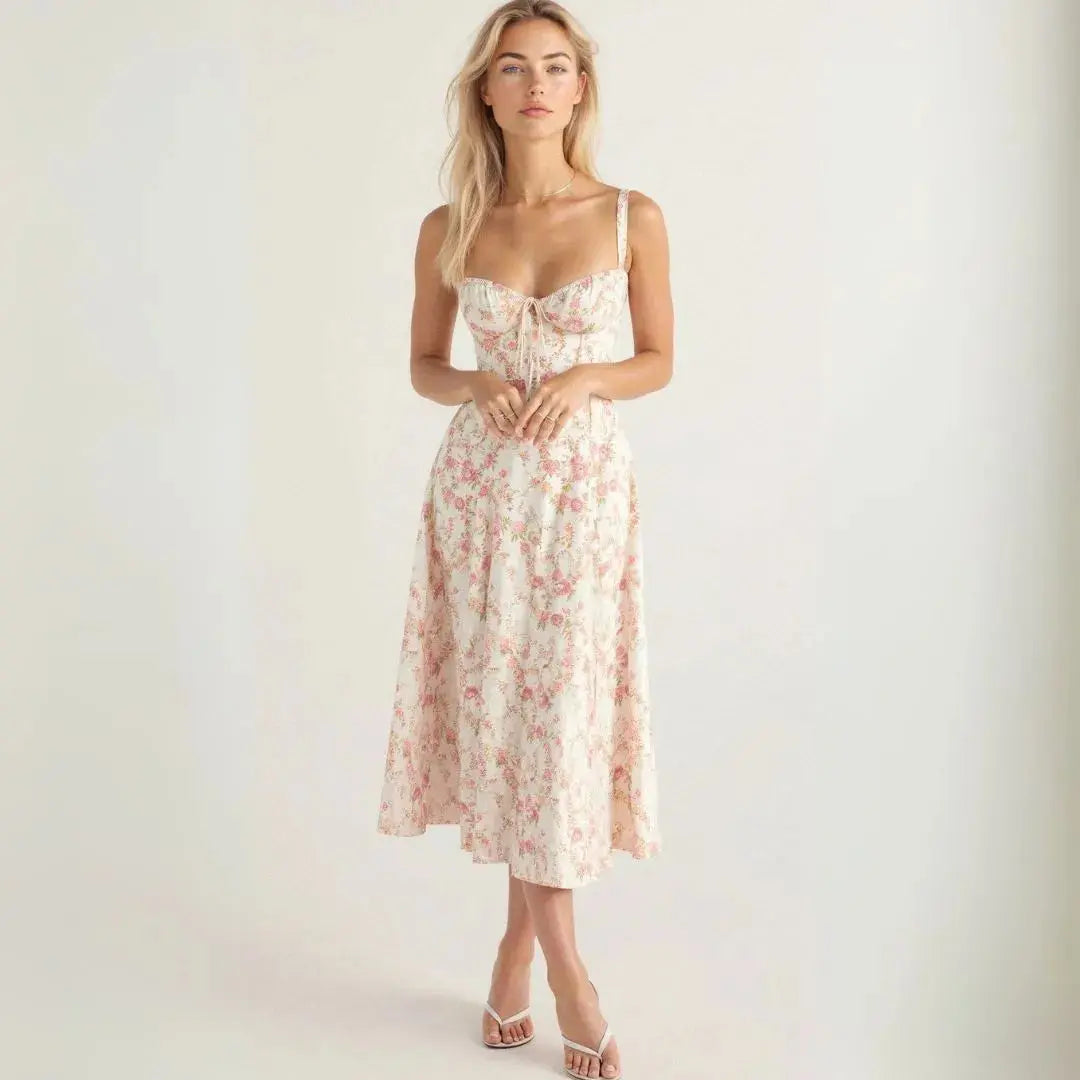 Women's vintage floral midi dress with structured bustier bodice, flattering feminine silhouette