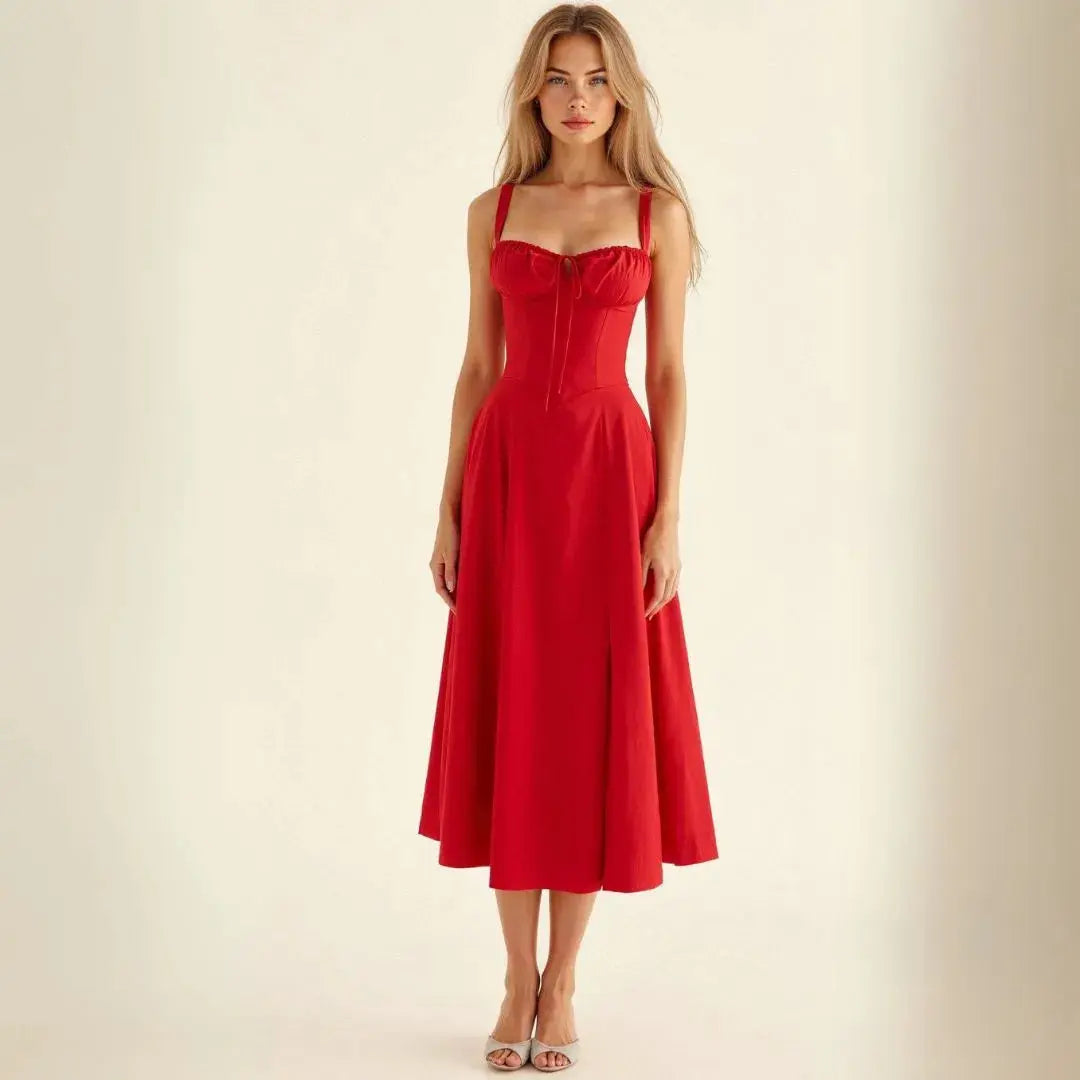 Women's vintage floral midi dress with structured bustier bodice, flattering feminine silhouette