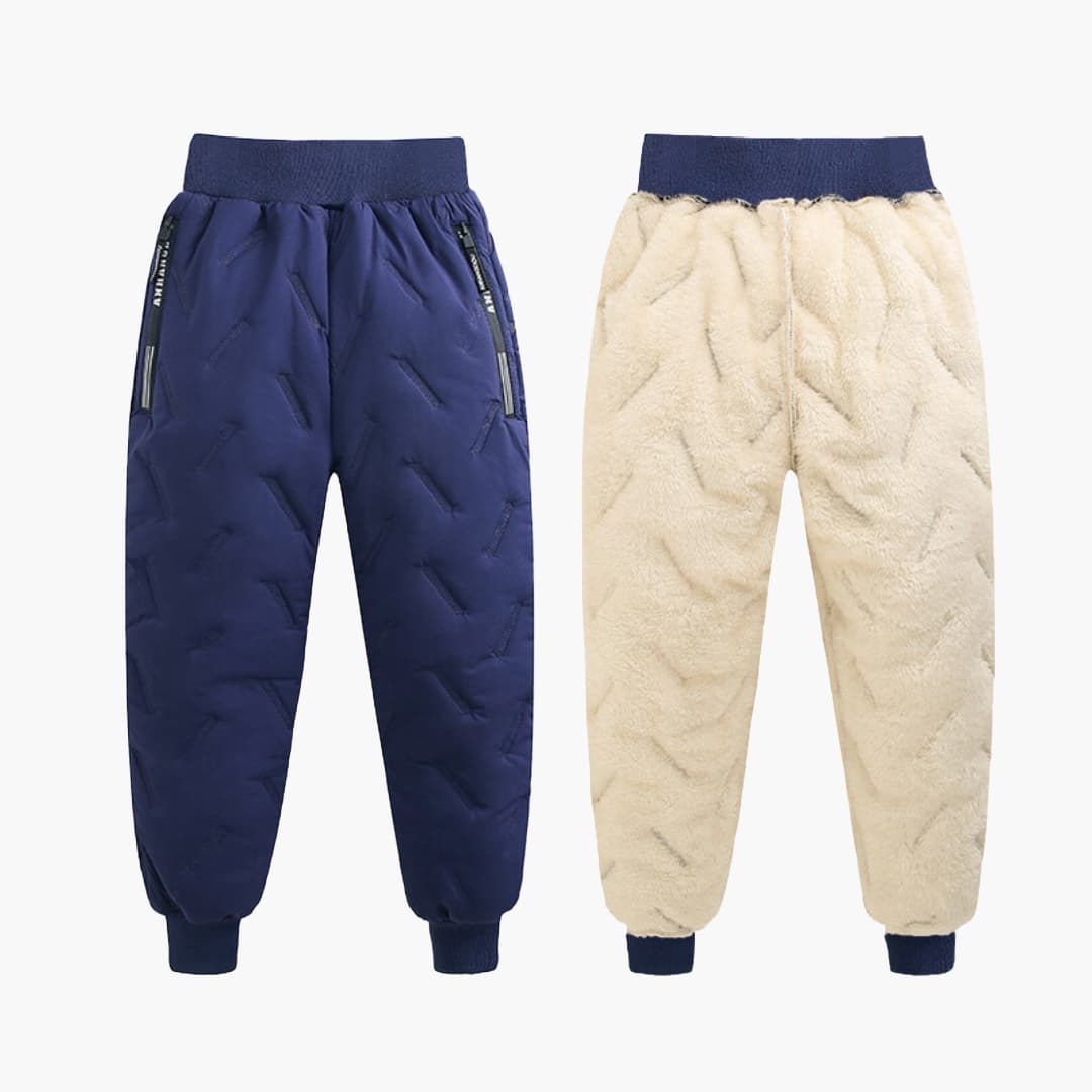 Kids navy quilted winter pants with fleece lining, elastic waistband, and zip pockets for cold days
