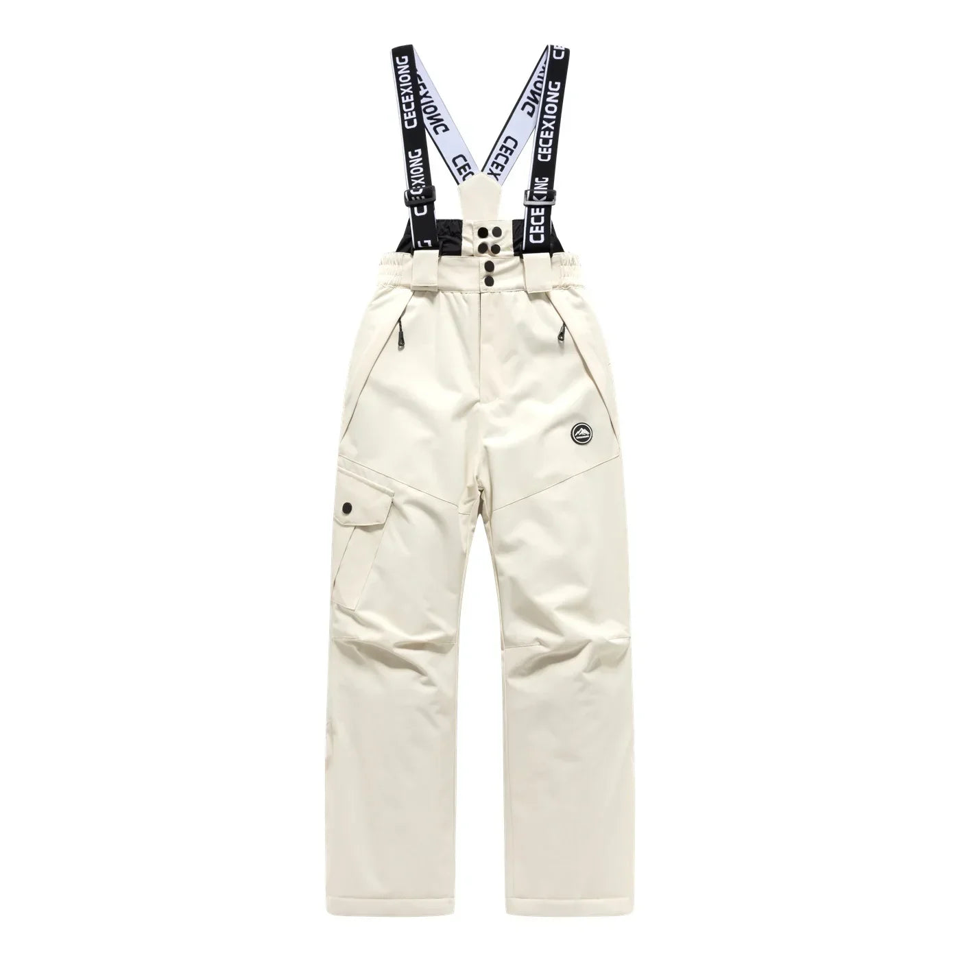 Kids unisex navy blue windproof ski pants with water-repellent polyester shell for winter snow sports