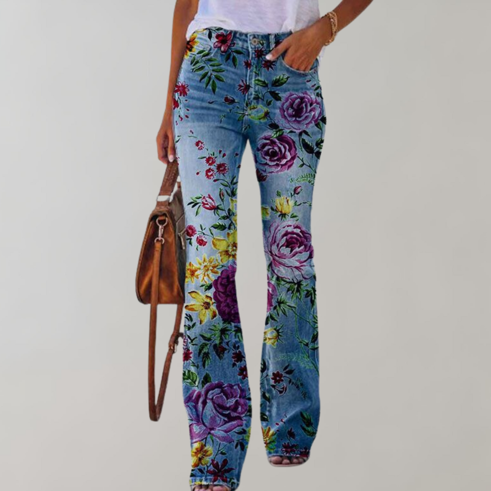 Women's vibrant print flared pants retro-inspired silhouette with leg-lengthening flare for summer