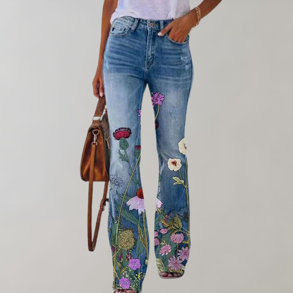 Women's Teresa high-rise flared jeans in classic denim blue, retro silhouette with comfort cotton blend