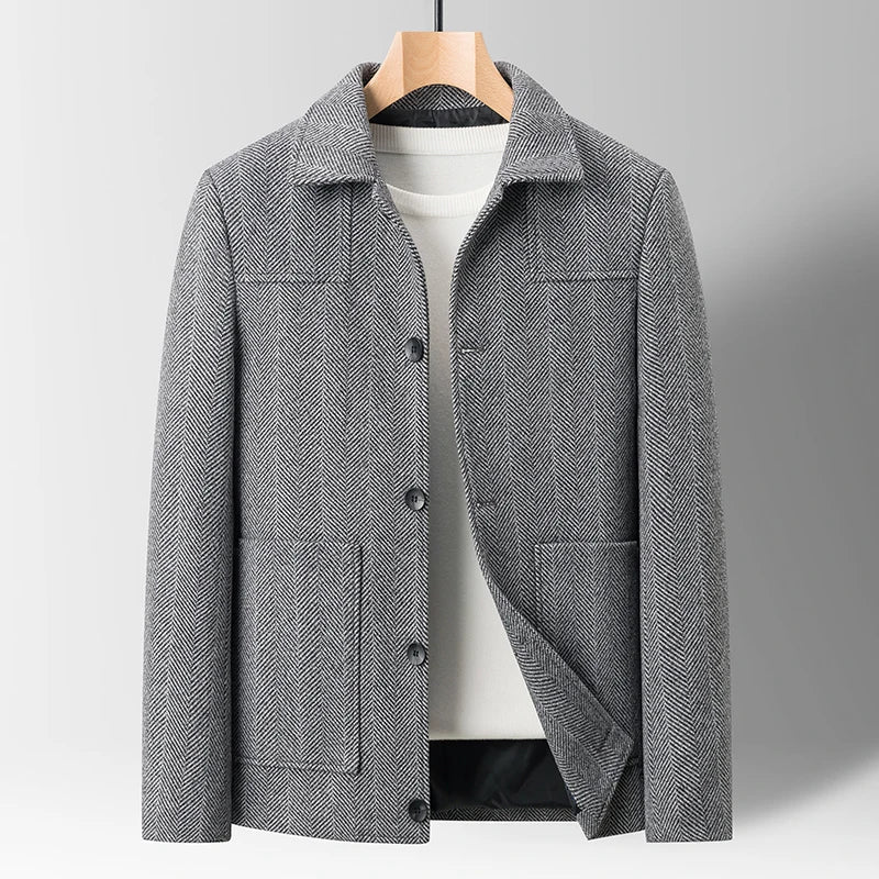 Classic men's wool suit jacket in neutral tone, tailored fit, windproof design for office and formal occasions