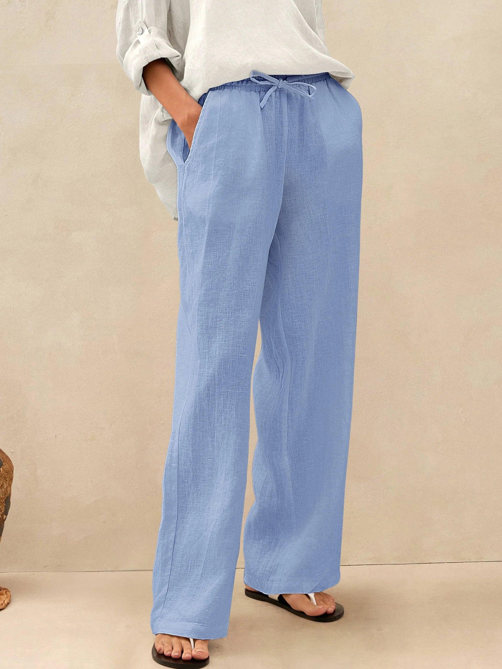 Women's loose fit beige linen pants breathable lightweight summer comfort everyday style