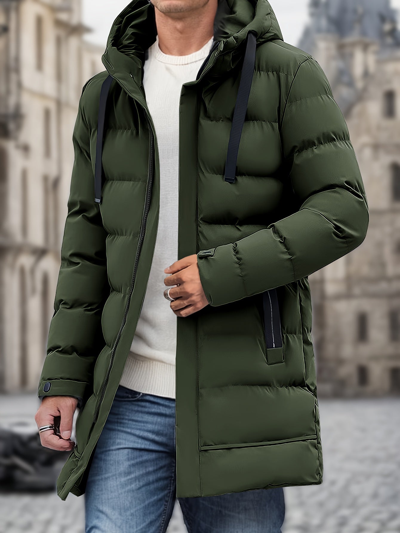Men's quilted winter jacket with hood, thick insulated padding, water-repellent shell for cold weather