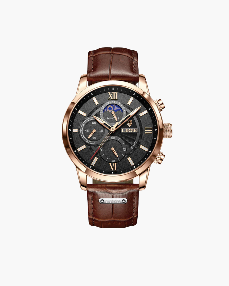 Classic men's waterproof wristwatch with round dial, leather strap, and quartz movement for everyday wear