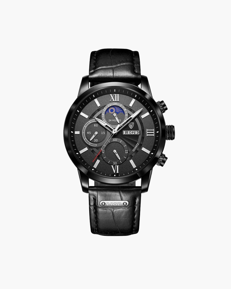 Classic men's wristwatch round dial leather strap quartz movement waterproof timeless design