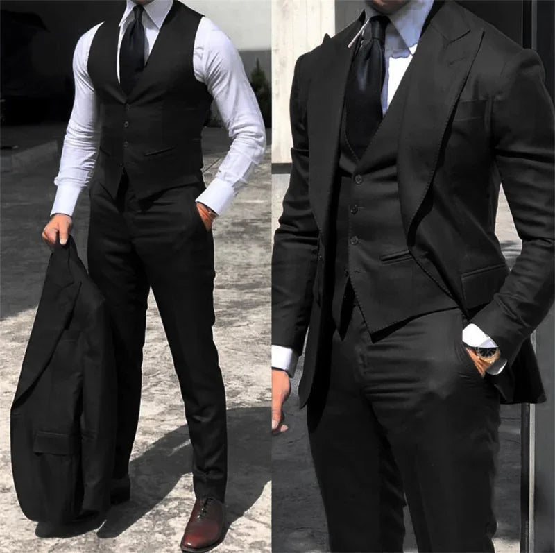 Men's brown three-piece suit slim-fit formal jacket vest trousers set for weddings and business events