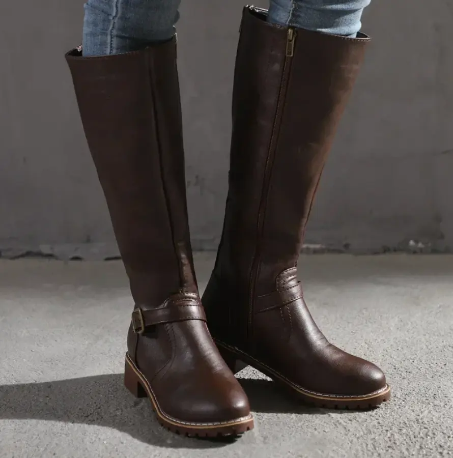 Women's knee-high boots low block heel buckle strap detail stylish comfortable everyday wear