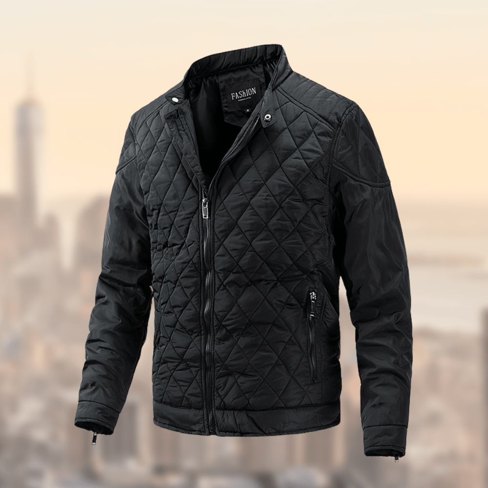 Men's black quilted full-zip jacket long sleeve casual semi-formal versatile outerwear