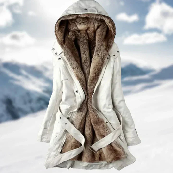Women's long winter coat warm lining chic elegant sustainable wardrobe staple timeless silhouette