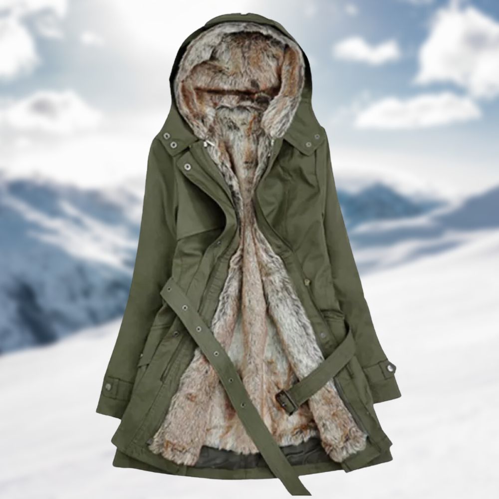 Women's winter parka faux fur lining belted hood wind-resistant long coat cold weather outerwear