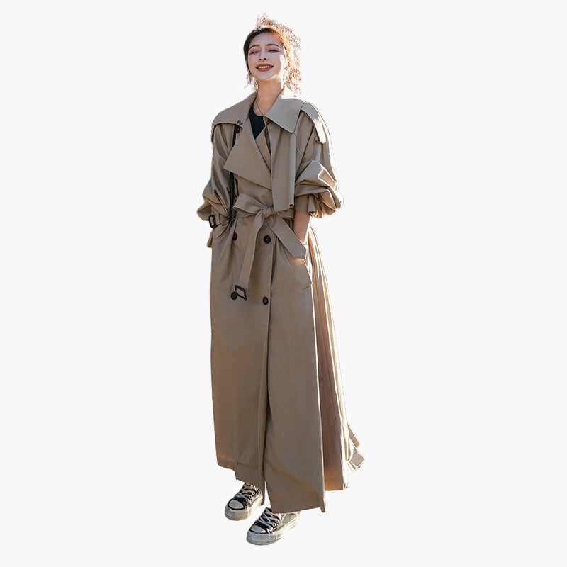 Women's beige long loose-fit trench coat oversized silhouette for urban street style layering