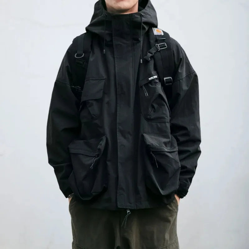 Men's waterproof autumn jacket navy blue slim fit with front zipper and four functional pockets
