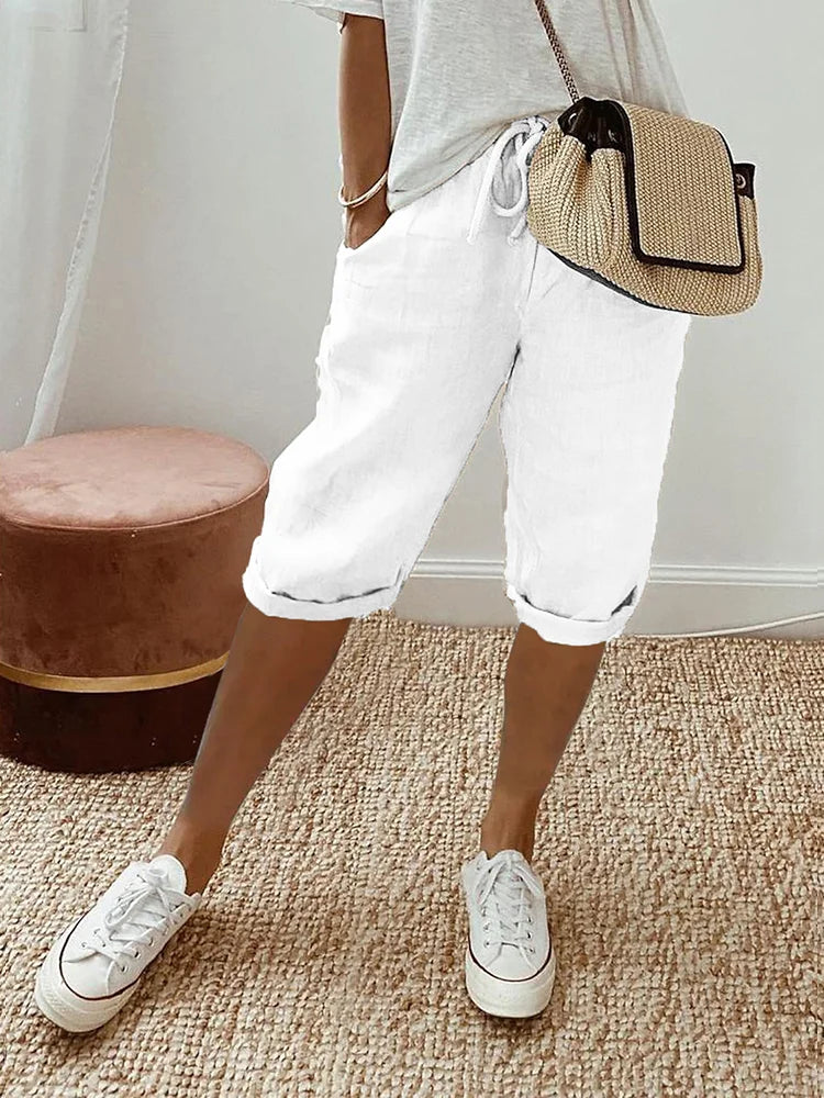 Women's lightweight cotton summer pants relaxed fit knee-length with adjustable drawstring casual comfort