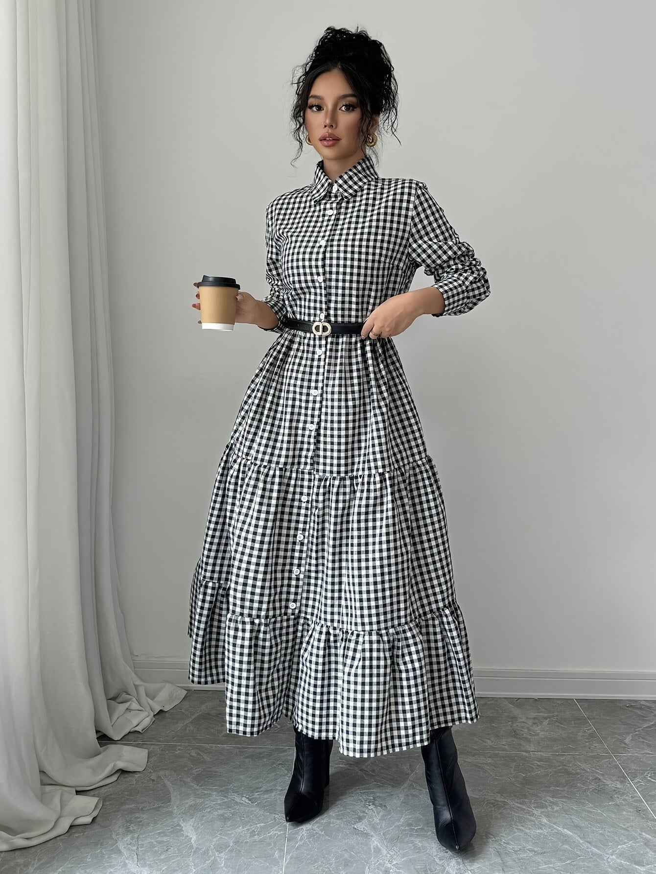Women's black white checked maxi shirt dress flowing silhouette with button closure timeless elegance