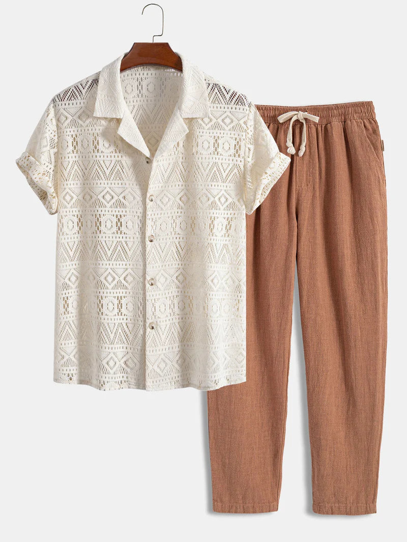 Men's Cuban collar shirt set beige linen-blend short sleeve matching cropped pants summer two-piece
