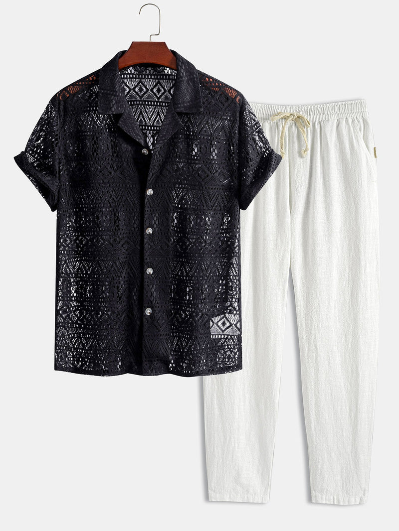 Men's Cuban collar shirt set, beige linen-blend short sleeve top with matching cropped loose pants