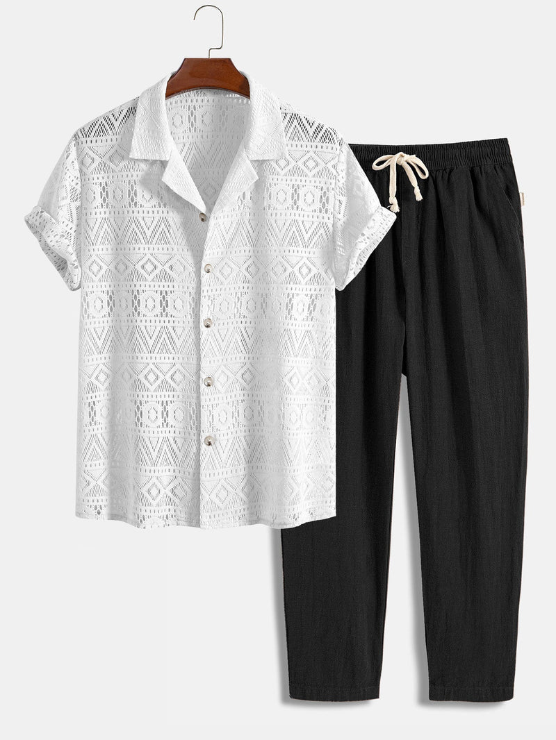 Men's Cuban short sleeve shirt set, beige linen-polyester two-piece with cropped loose-fit pants