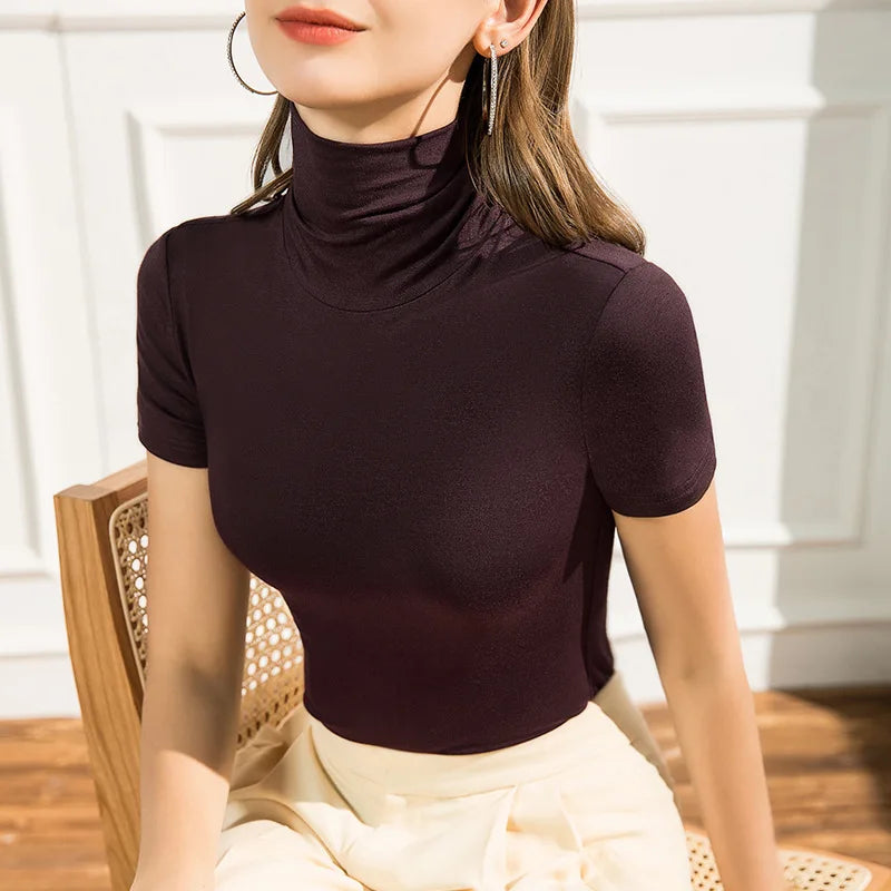 Women's short-sleeve half turtleneck tee in soft modal blend, chic minimalist silhouette for spring