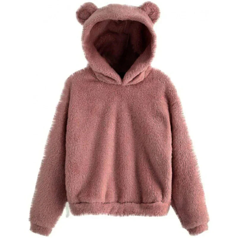 Women's plush bunny ear hoodie cozy soft winter pullover with cute 3D rabbit ears casual fit