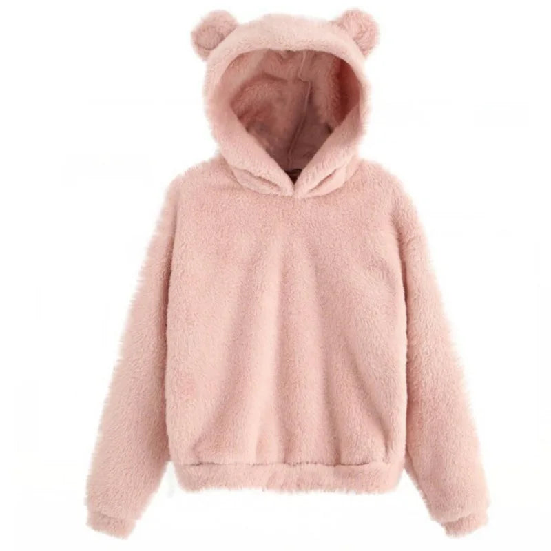 Women's plush pink bunny ear hoodie cozy oversized fit with 3D ear detail for winter