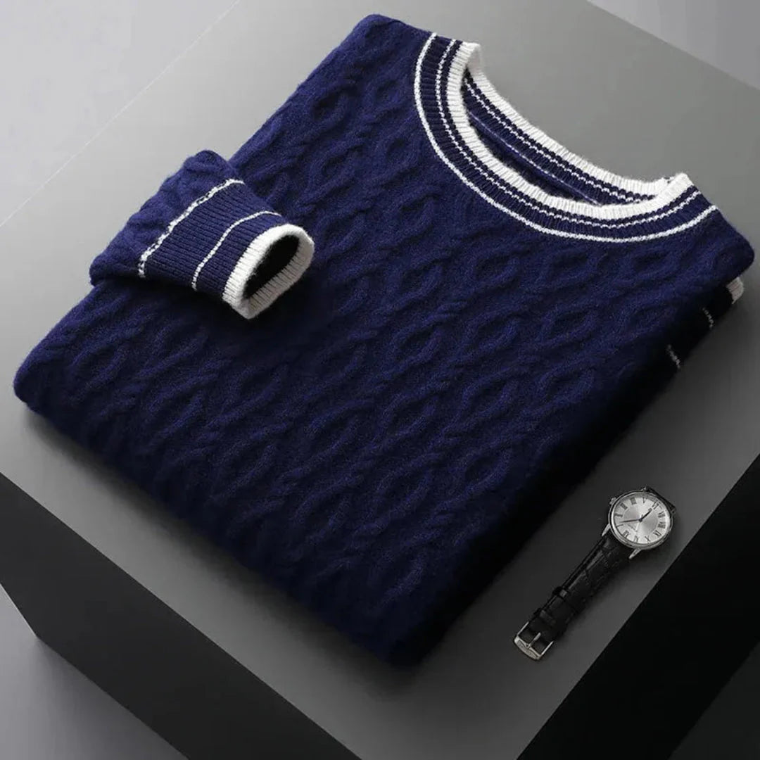 Women's ivory cable-knit cashmere sweater with contrasting ribbed trims, timeless luxury design
