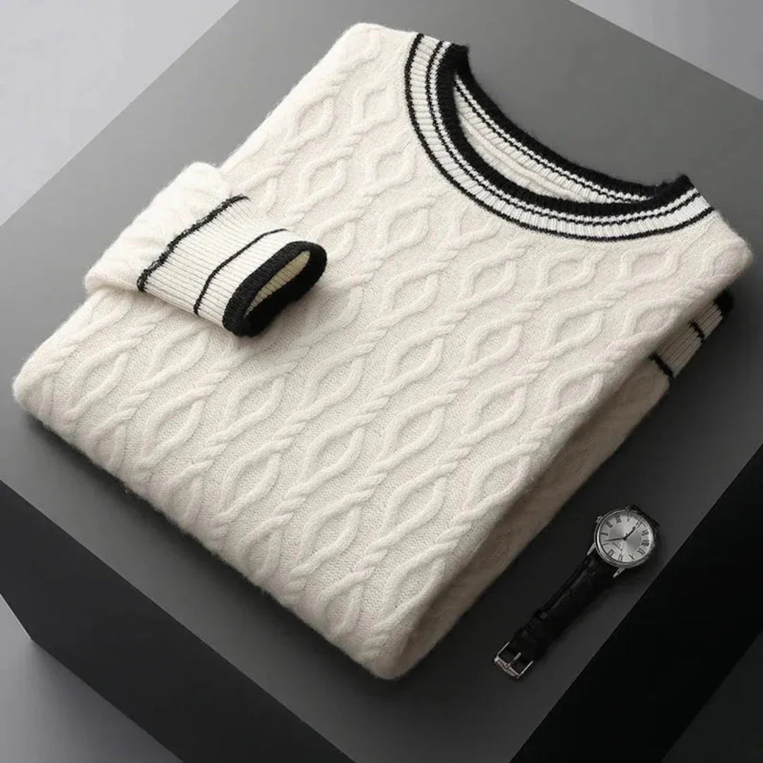 Women's ivory cable-knit cashmere sweater, timeless ribbed trim detail, luxurious 100% cashmere warmth
