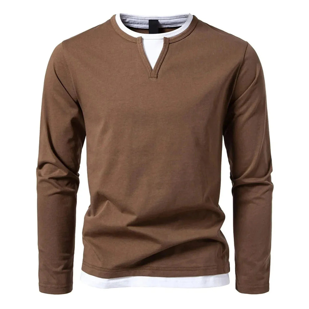 Kyrie men's long sleeve henley shirt with double-layered neckline, stretch polyester casual fit