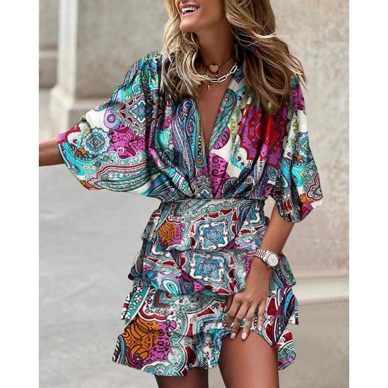 Bohemian wrap mini dress women flowy silhouette front-wrap detail vacation brunch daytime casual