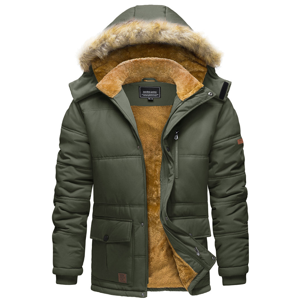Men's hooded windproof winter jacket navy fleece-lined water-repellent shell for outdoor adventures