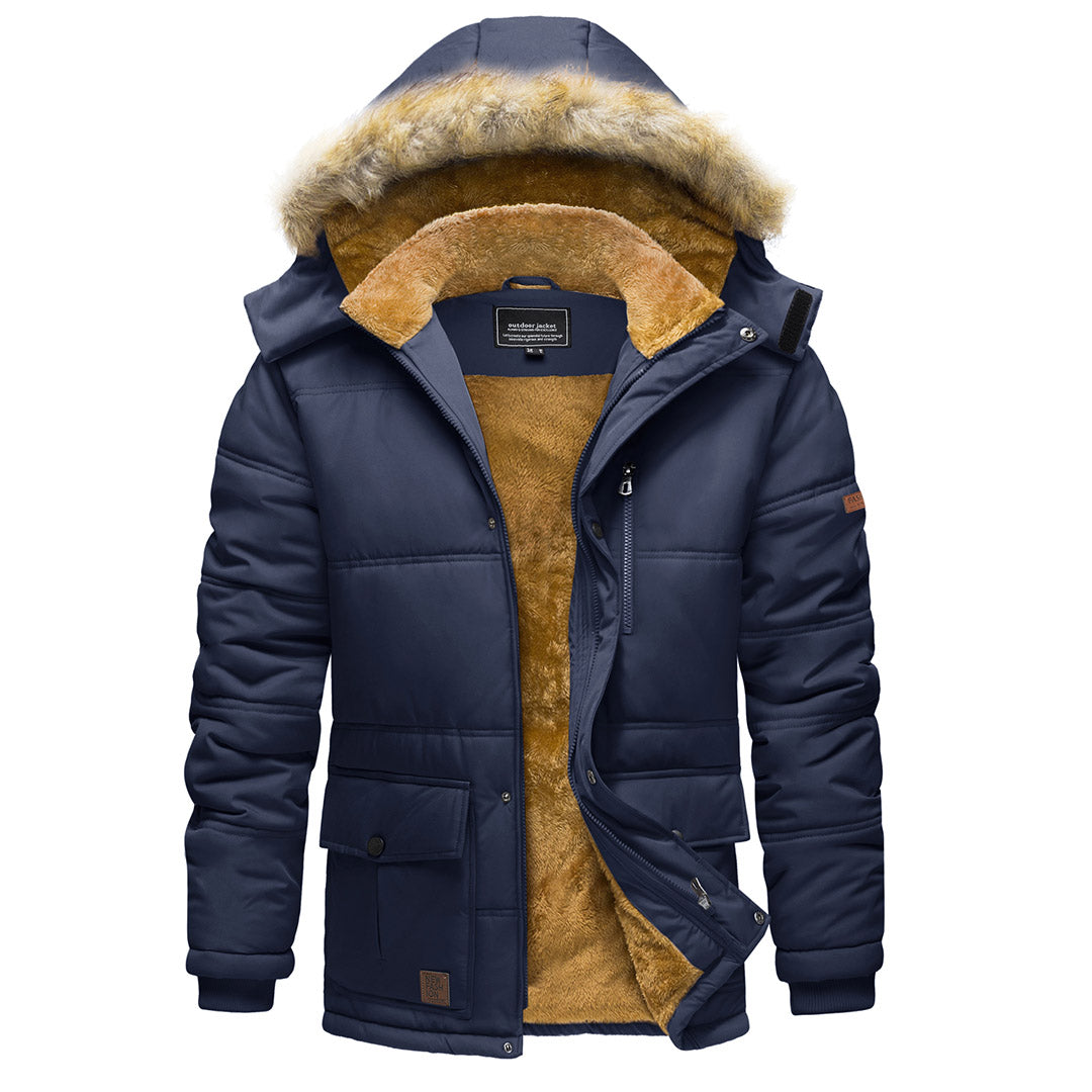 Men's hooded windproof winter jacket navy fleece-lined water-repellent shell for outdoor adventures