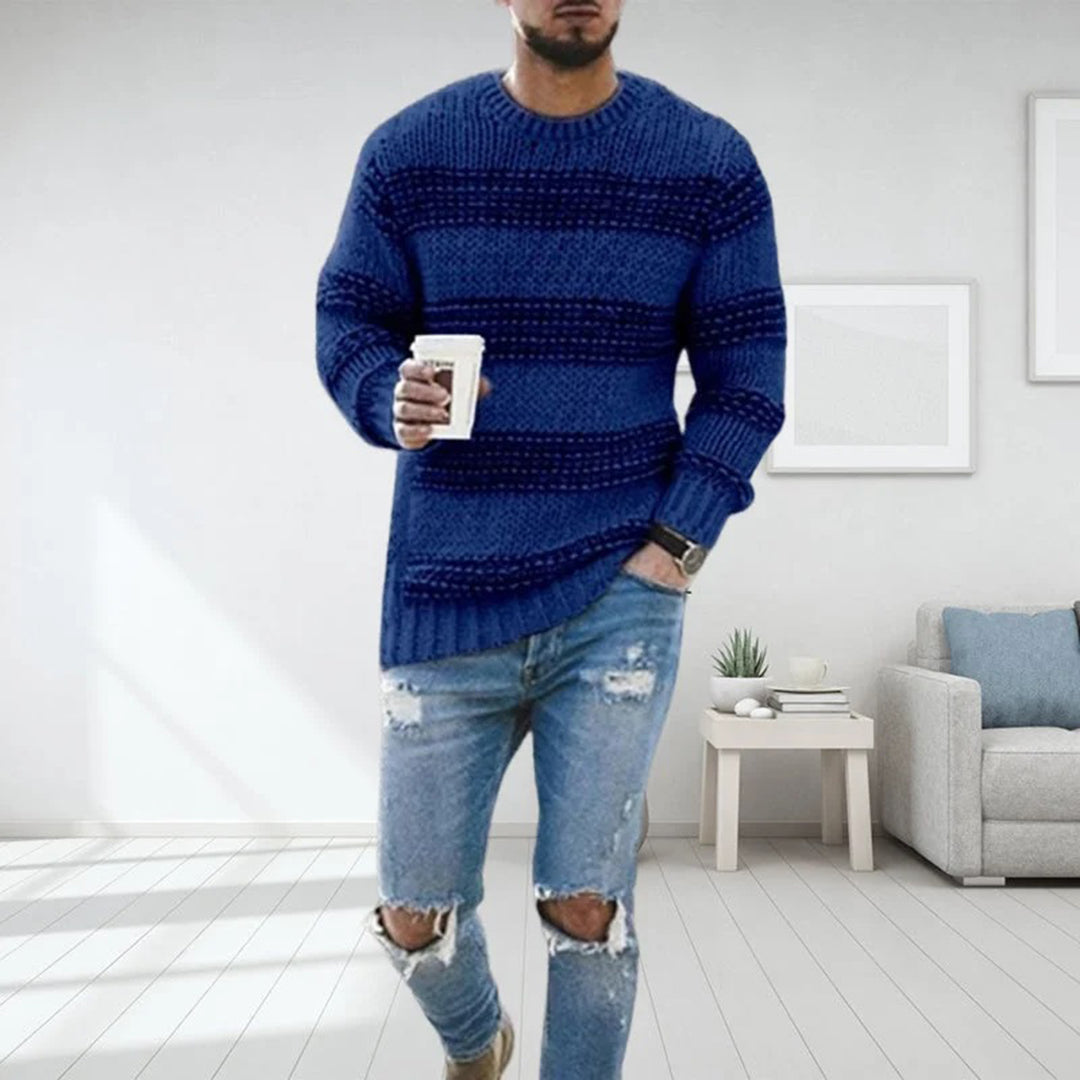 Men's wool crew neck sweater relaxed fit with Norwegian pattern warm knit texture for winter