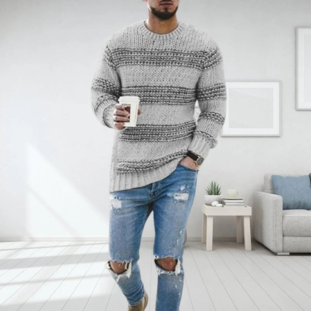 Men's wool crew neck sweater relaxed fit with Norwegian pattern warm knit texture for winter