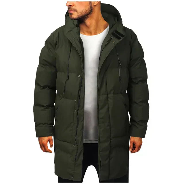 Men's gray long parka with comfortable fit, extended coverage, and handy pockets for cold weather
