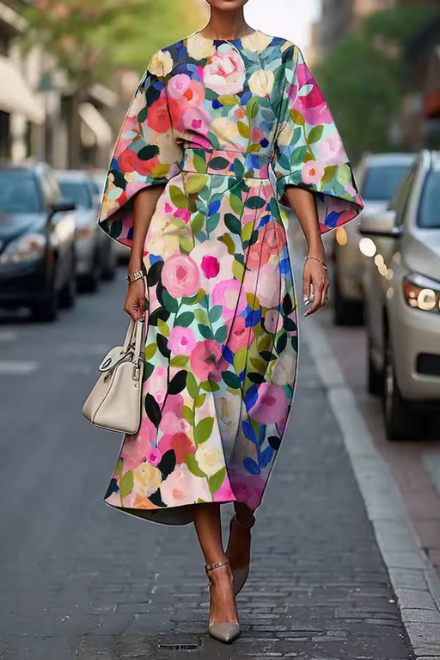 Women's floral midi dress with belted waist, flowing silhouette in elegant daytime brunch style