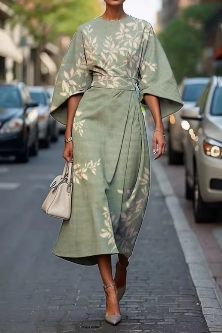 Floral belted midi dress women flowing silhouette defined waist daytime brunch elegant fit