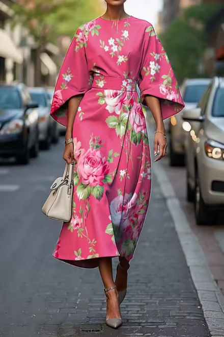 Floral belted midi dress women flowing silhouette defined waist daytime brunch elegance