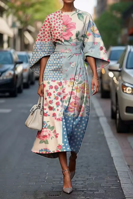 Floral belted midi dress women flowing silhouette defined waist daytime brunch elegant fit