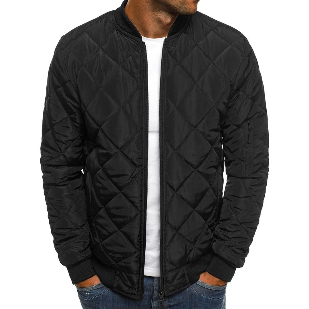 Men's black quilted streetwear jacket comfort fit with bold urban stitching texture