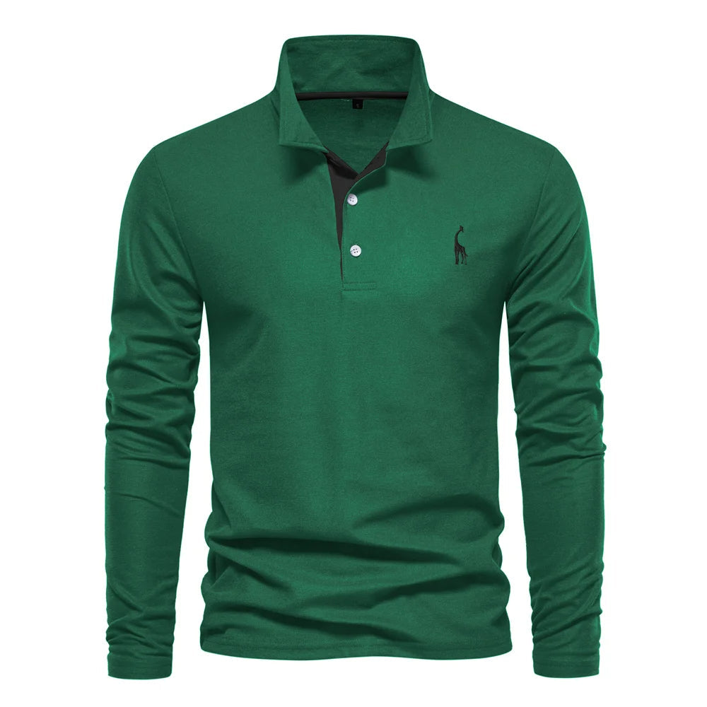 Men's navy long sleeve polo shirt classic fit with sleek button-up collar for refined casual style