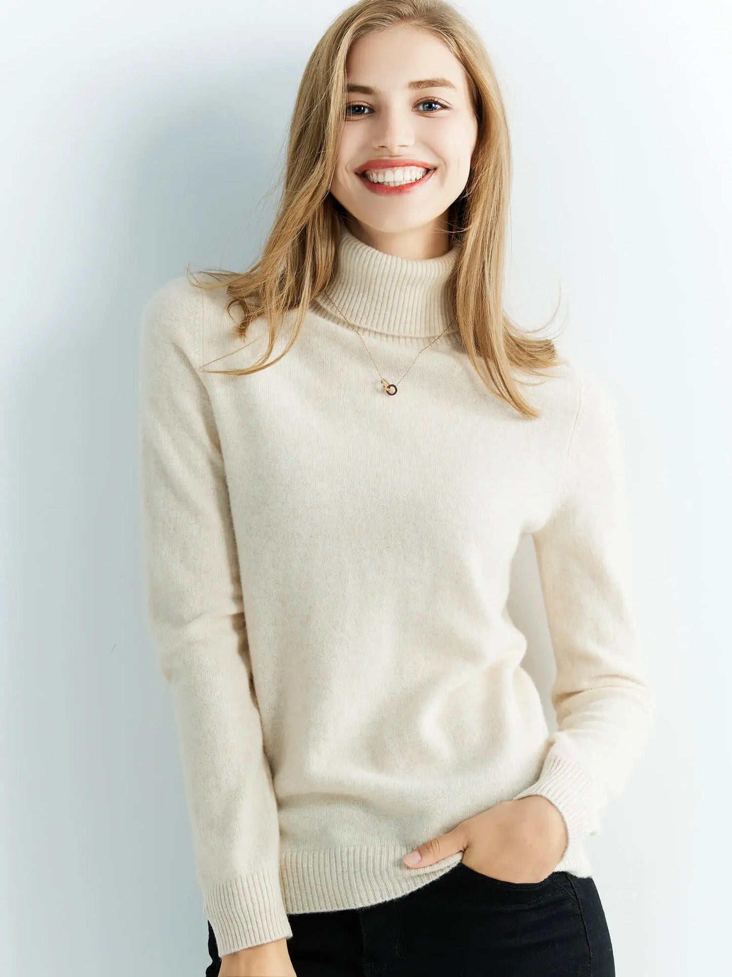 Ivory merino wool turtleneck sweater featherweight breathable knit with ribbed trim cold-weather layer
