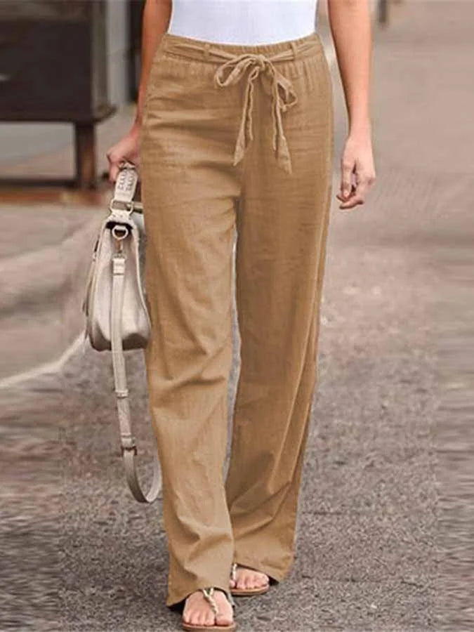 Women's wide-leg linen-blend trousers high waist tie belt full-length pants chic Nordisk style