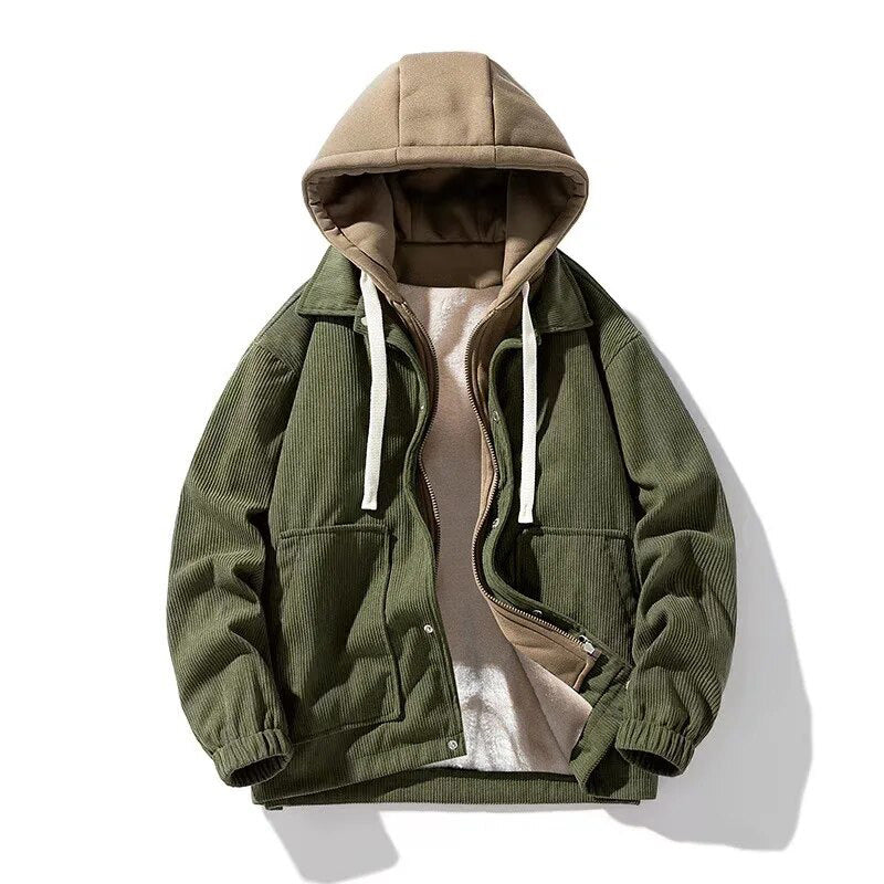Men's corduroy hooded jacket lined warm casual urban outerwear cozy durable cold weather coat