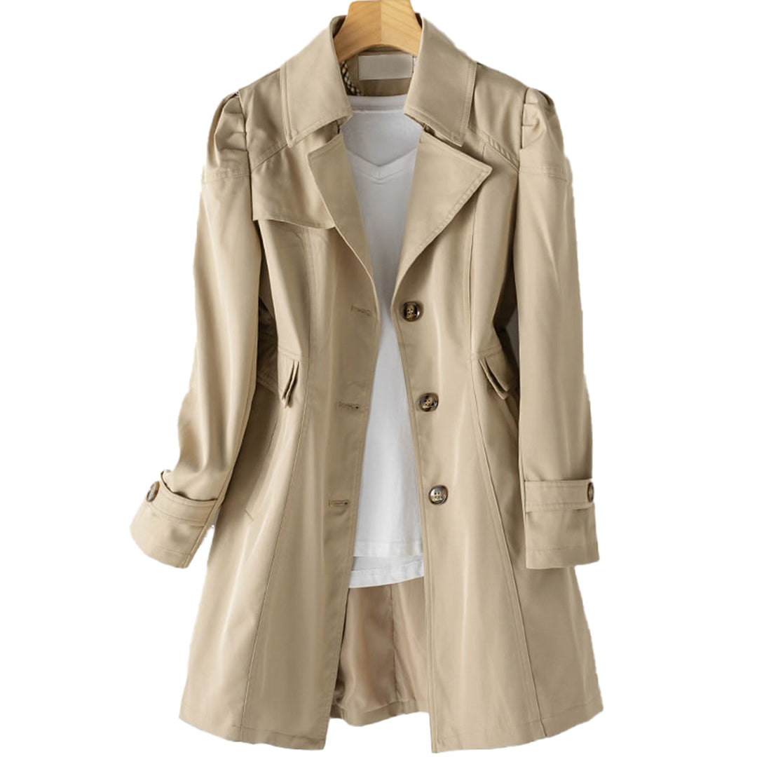 Women's classic double-breasted trench coat structured silhouette tailored fit timeless elegant style